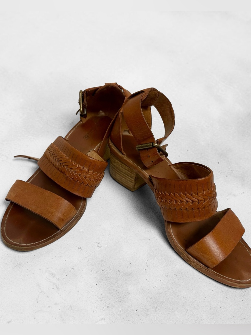 Madewell Cognac Braided Leather Block Heel Sandals